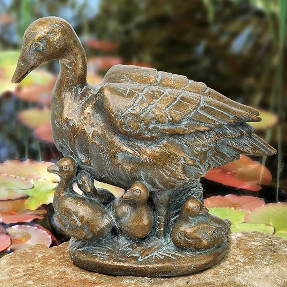 Bronze Tierskulptur - Ente Mit Entenkücken - Entenfamilie