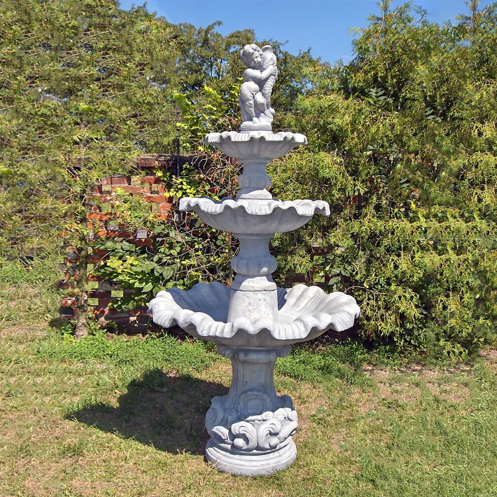 Dreistufiger Kaskaden Brunnen Für Den Garten Aus Steinguss - Junge Mit Fisch Figur - Marino