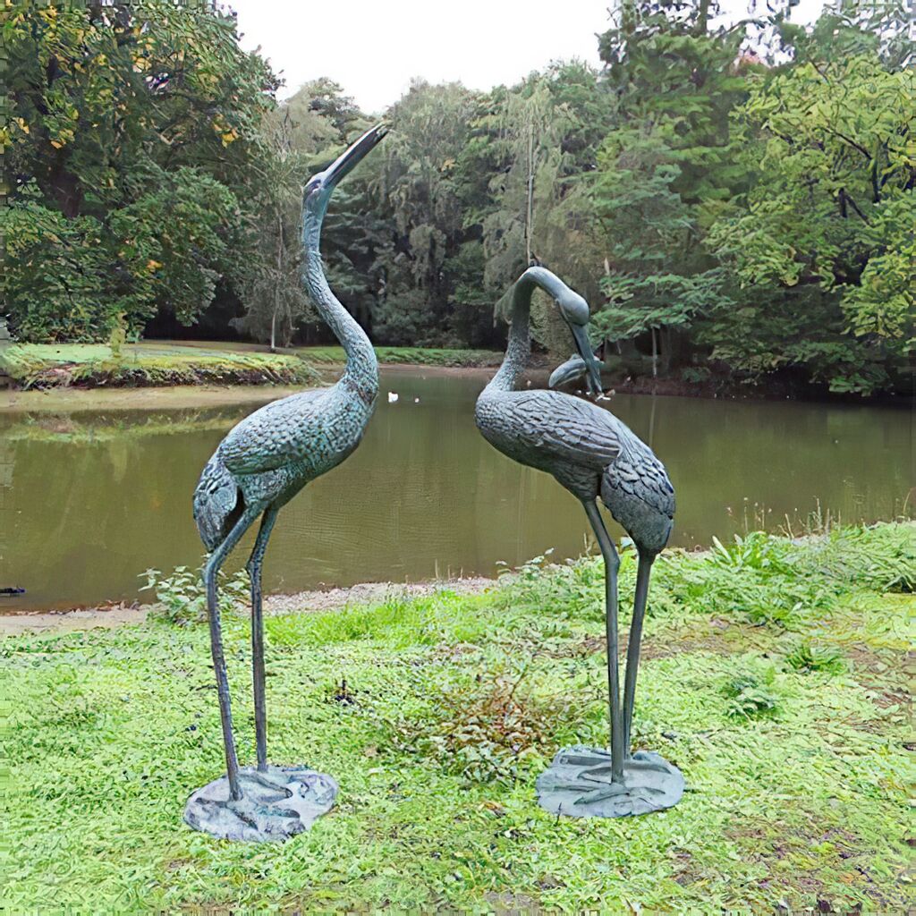 Großes Bronze Gartenfiguren-Set Mit Zwei Kranichen - Vögel Des Glücks