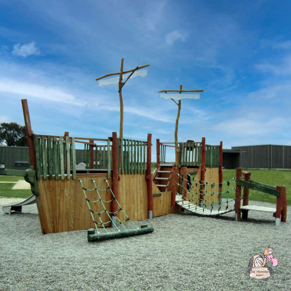 Großes Kinder Spielschiff Aus Holz Mit Steuerrad, Segeln Und Kletternetz - Spielschiff Hoppetosse