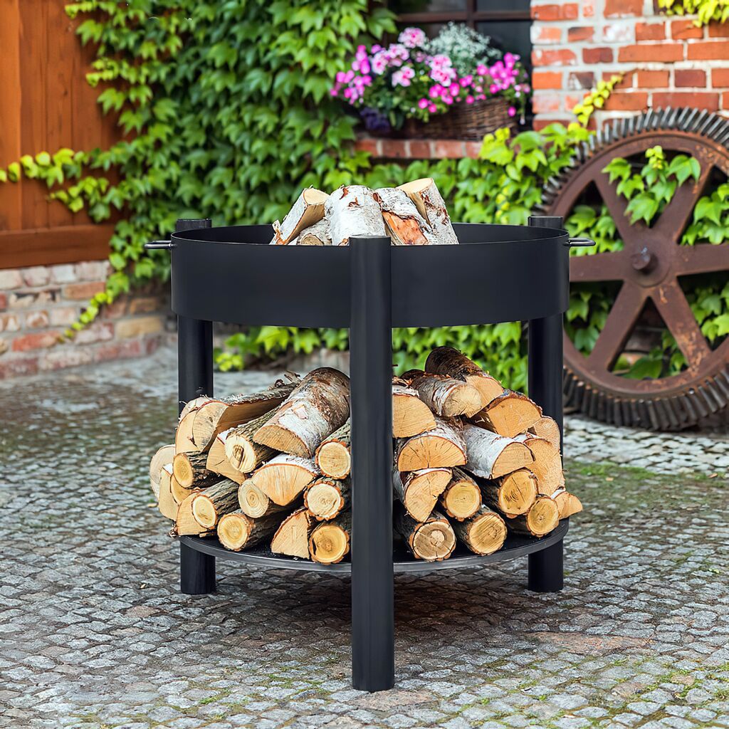Hohe Feuerschale Aus Stahl Mit Platz Für Holzlager - Lutro Feuerschale