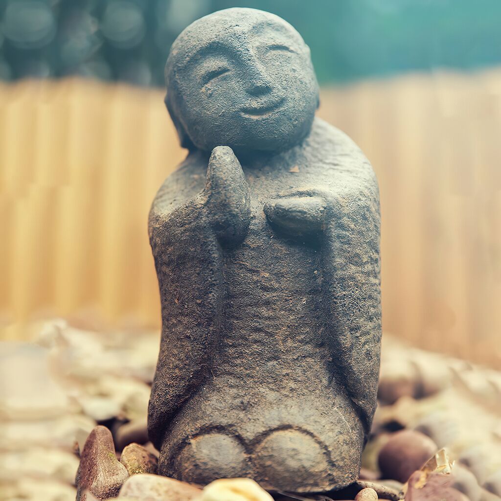 Lächelnde Gartenfigur Jizo Mönch Aus Dunklen Steinguss - Doan