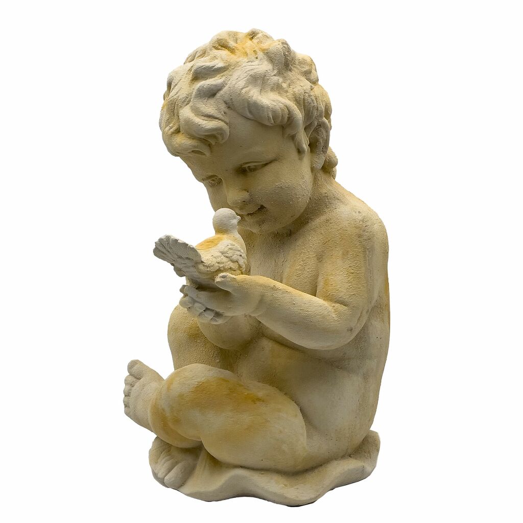 Liebliche Kind Gartenstatue Mit Vogel Aus Steinguss - Agelu