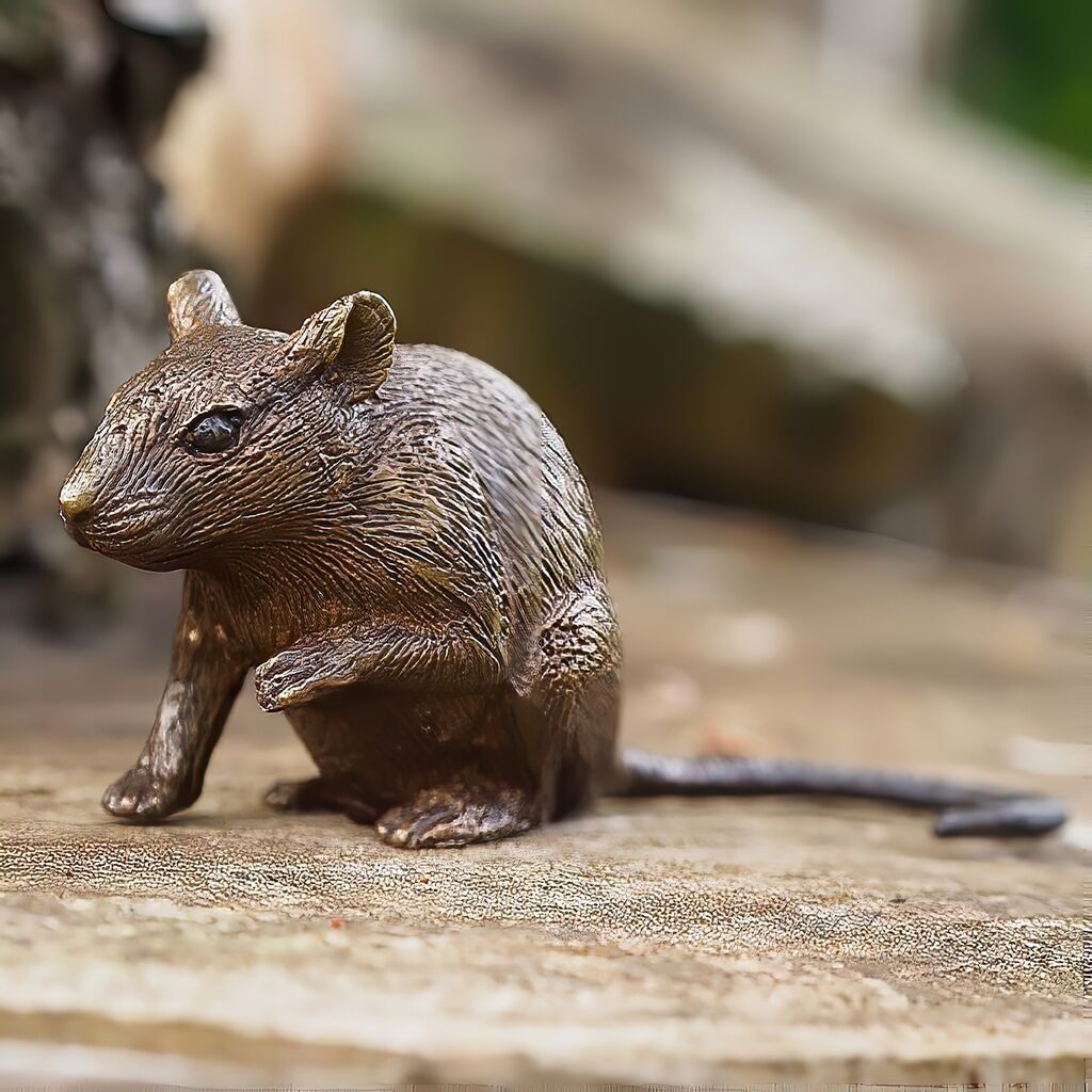 Maus Sitzt Aufmerksam - Klassische Bronze Tierfigur - Maus Libo