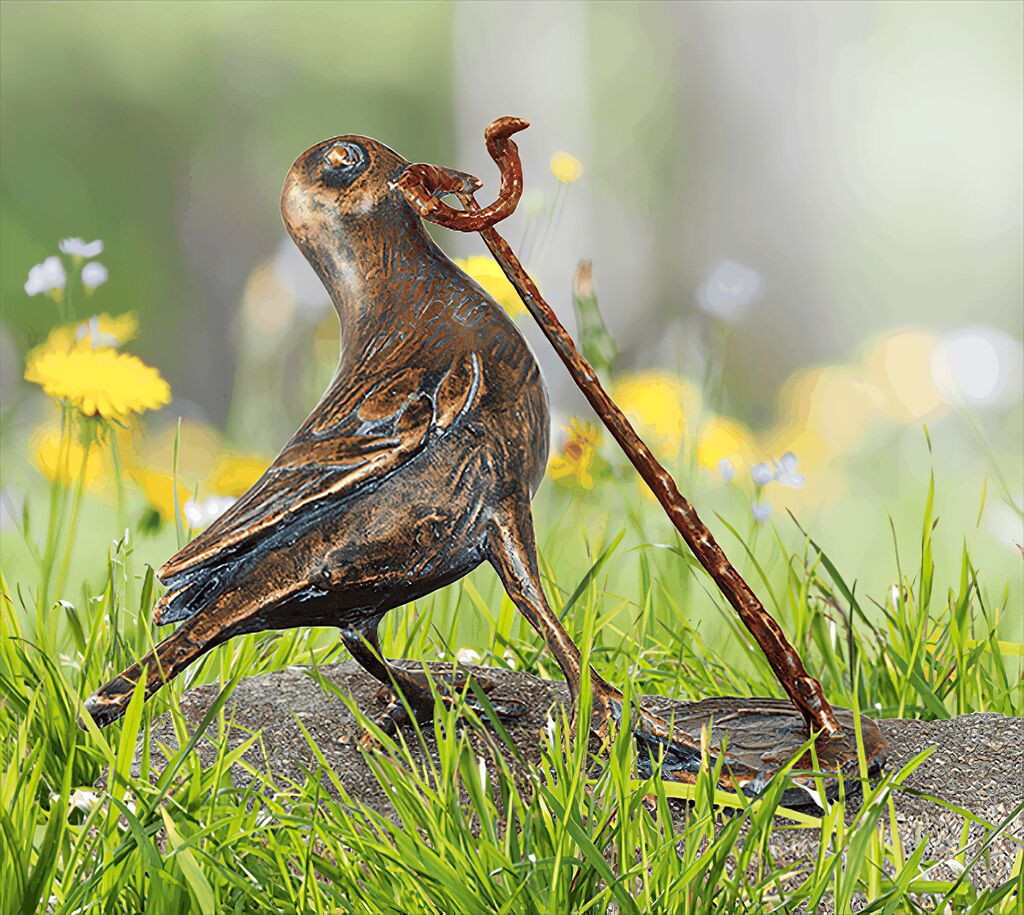 Robuste Bronzefigur Vogel Frisst Wurm - Vogel Mit Wurm