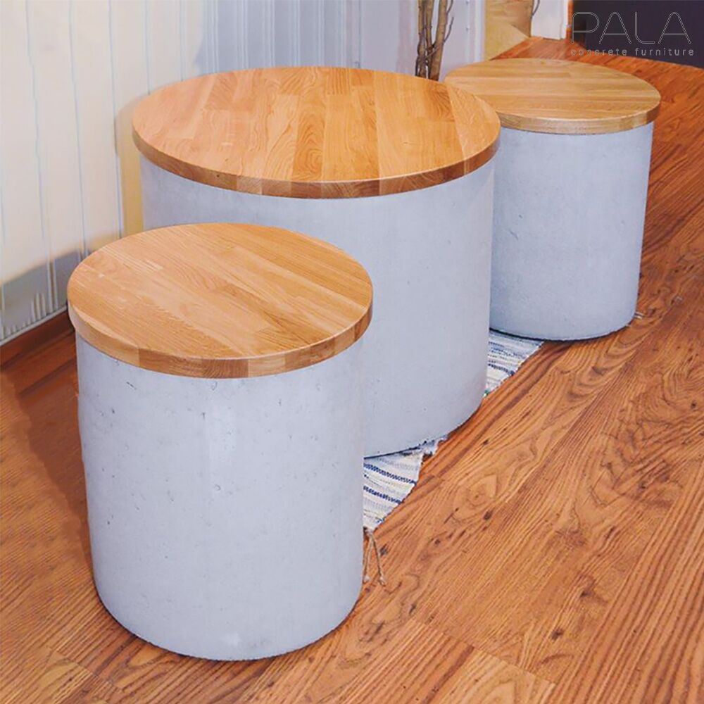 Runder Outdoor Gartenhocker Aus Beton Und Holz - Jaggara