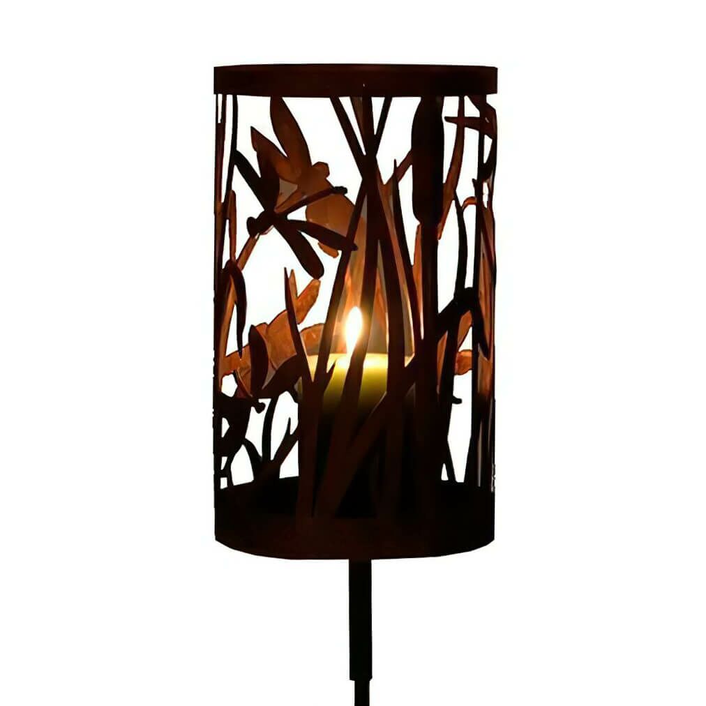 Windlicht In Rostoptik Als Gartenstecker Mit Libellen & Schilf - Teelichthalter Libelle