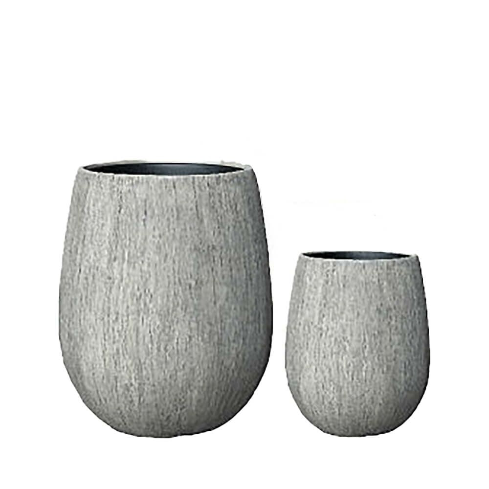 2er Set Pflanzkübel Aus Polystone Mit Einsatz - Rund - Grau Mit Holzstruktur-Optik - Yemaya