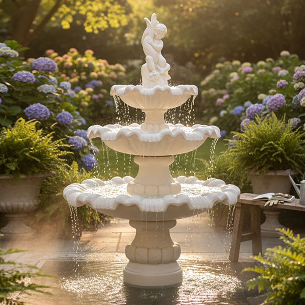  3-stufiger Kaskadenbrunnen Mit Wasserspeier Skulptur - Junge Fängt Fisch - Pescaro