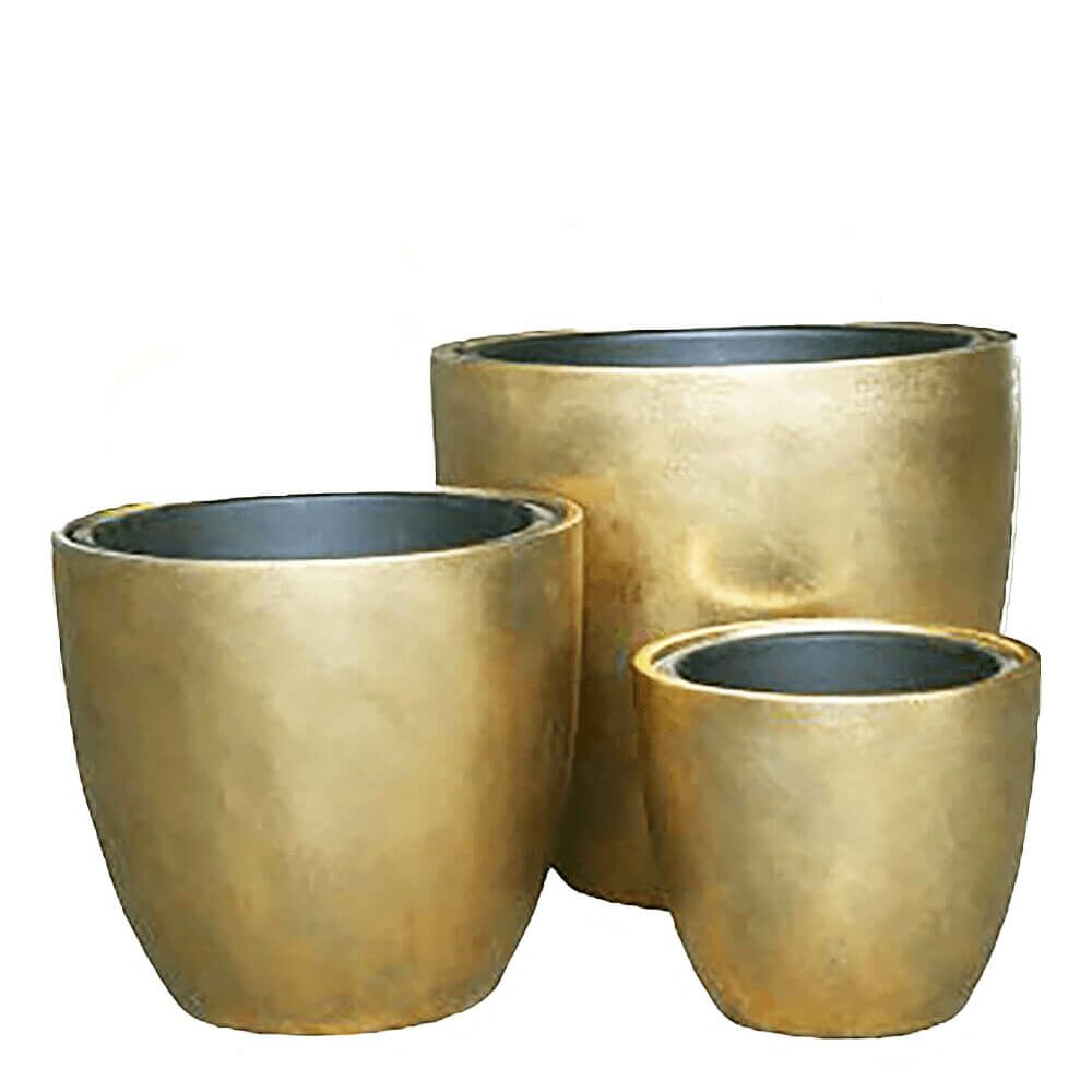  3er Set Indoor Pflanzgefäße Aus Polystone - Gold - Mit Einsatz - Glatte Oberfläche - Rund - Hawi