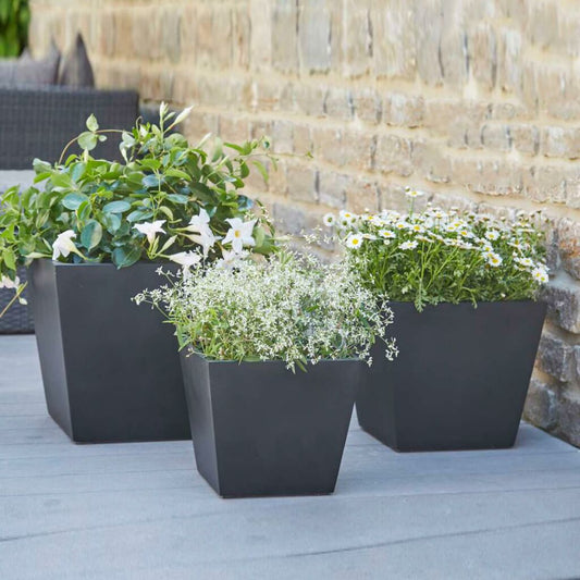  3er Set Pflanzkübel - Polystone - Eckig - Schwarz - Adom
