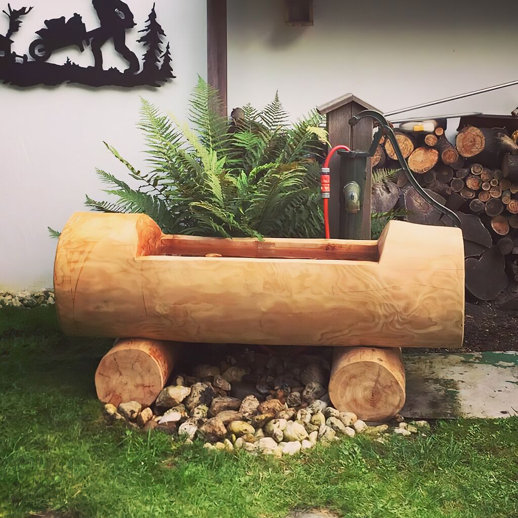  Alpin Garten Holzbrunnen Baumstamm Rund Mit Kupferwanne - Linaria Alpina