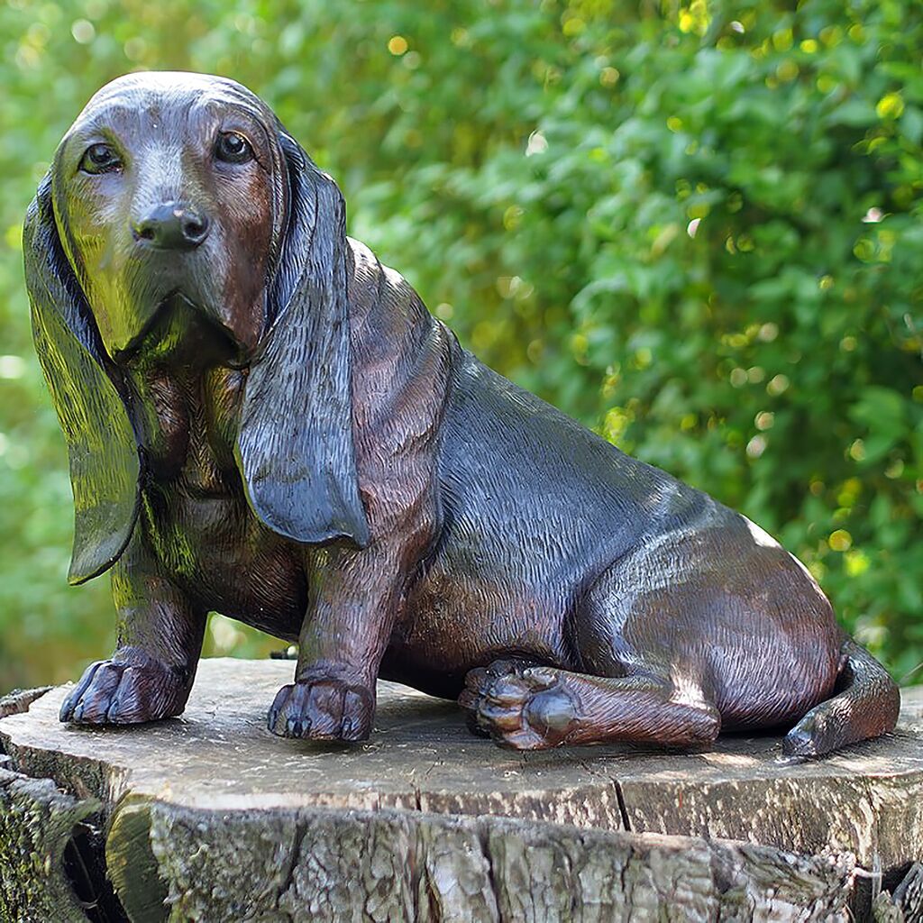  Basset Hundefigur Sitzt - Garten Bronzestatue In Lebensgröße - Basset Clero