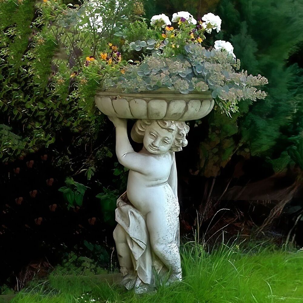  Bepflanzbare Gartenskulptur Aus Steinguss - Stehender Amor Mit Pflanzschale - Alessa