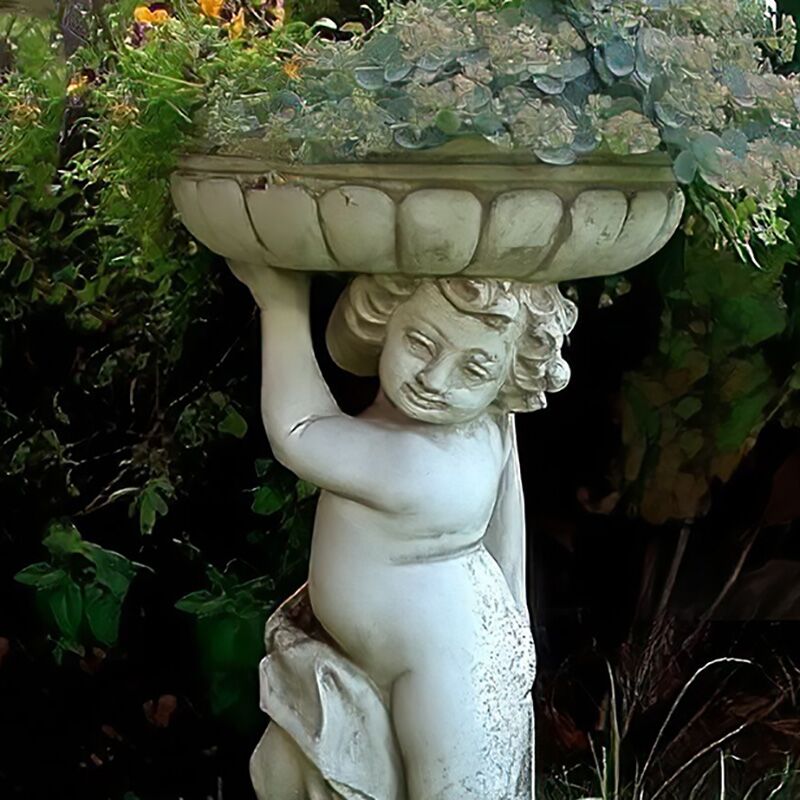  Bepflanzbare Gartenskulptur Aus Steinguss - Stehender Amor Mit Pflanzschale - Alessa