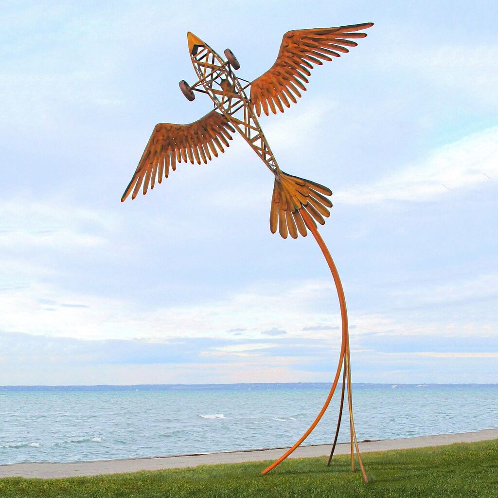  Besondere Flugzeug Gartenplastik Groß Aus Metall Mit Vogelflügeln - Vogelflugzeug
