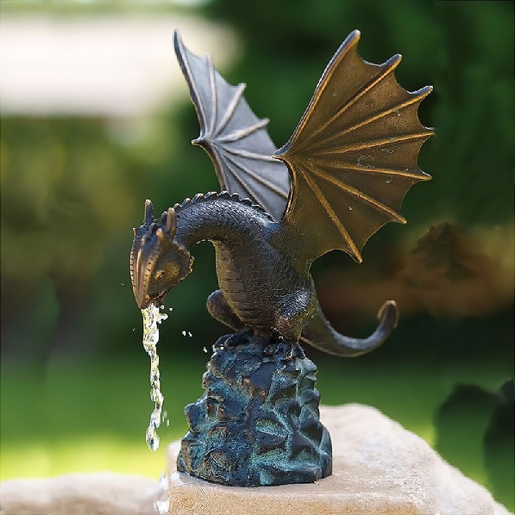  Bronze Drachenfigur Auf Felsen Als Wasserspeier - Drache Regnar