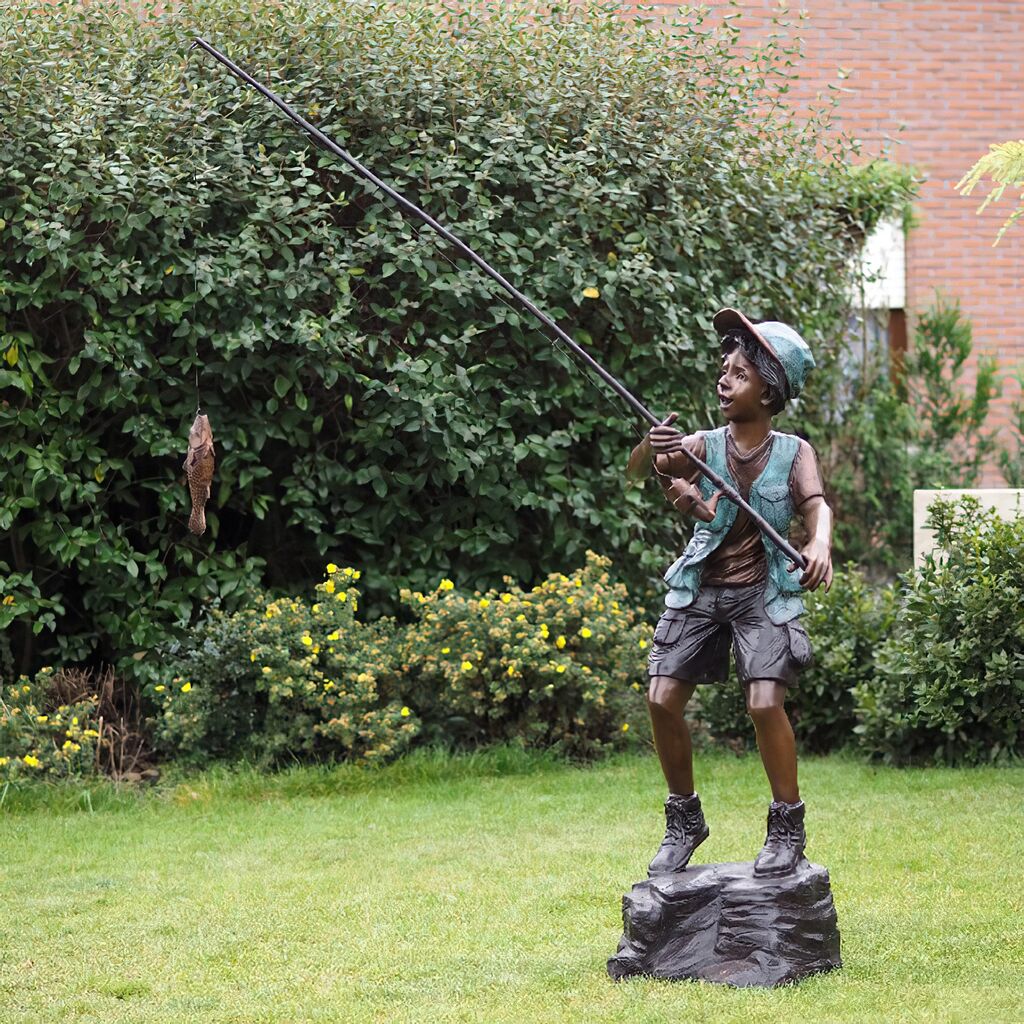  Bronze Fischerjunge Mit Angel Und Fisch - Angler Mit Fisch