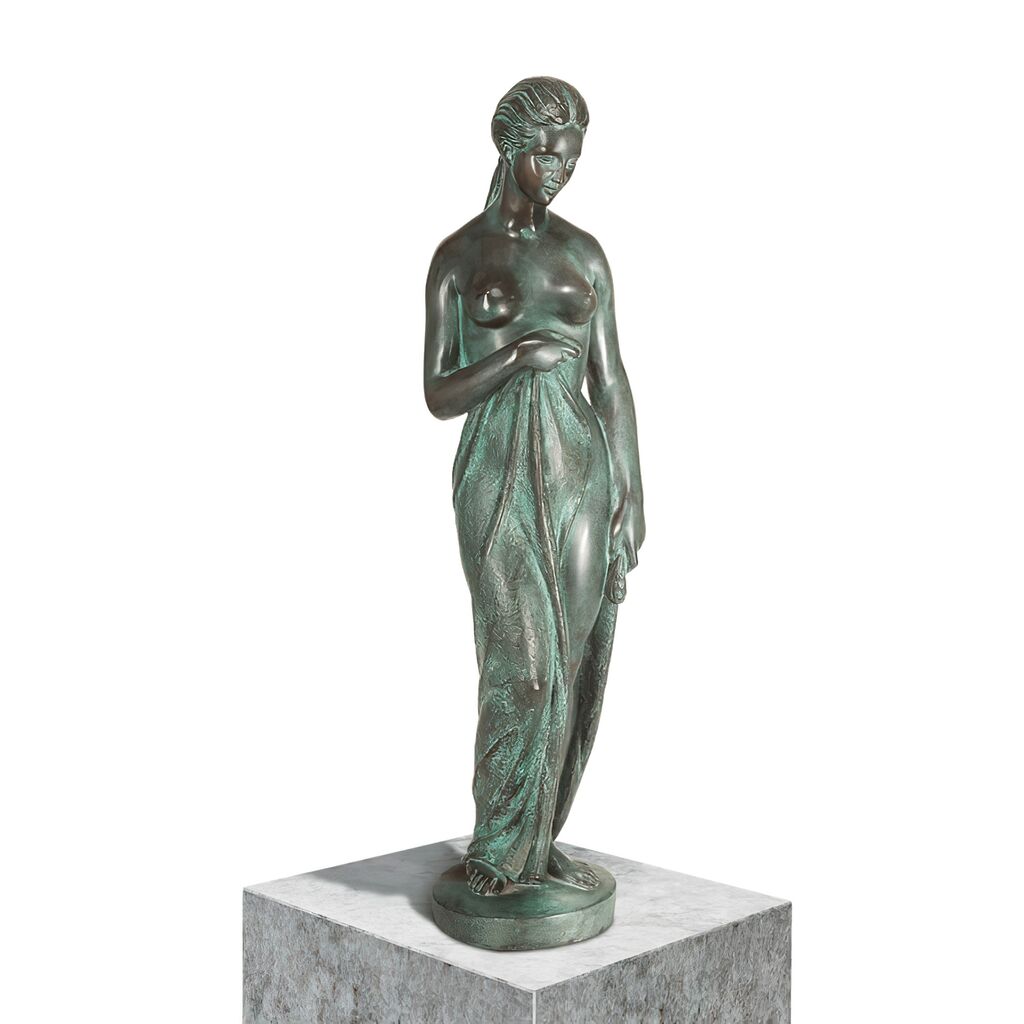  Bronze Frau-Aktskulptur Mit Grüner Patina - Nach Dem Bade