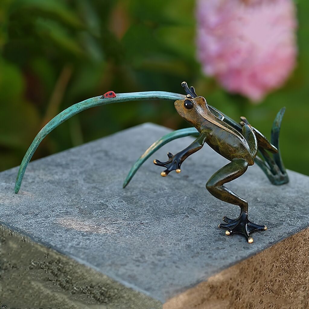  Bronze Frosch Auf Grashalm Mit Marienkäfer - Frosch Elzo