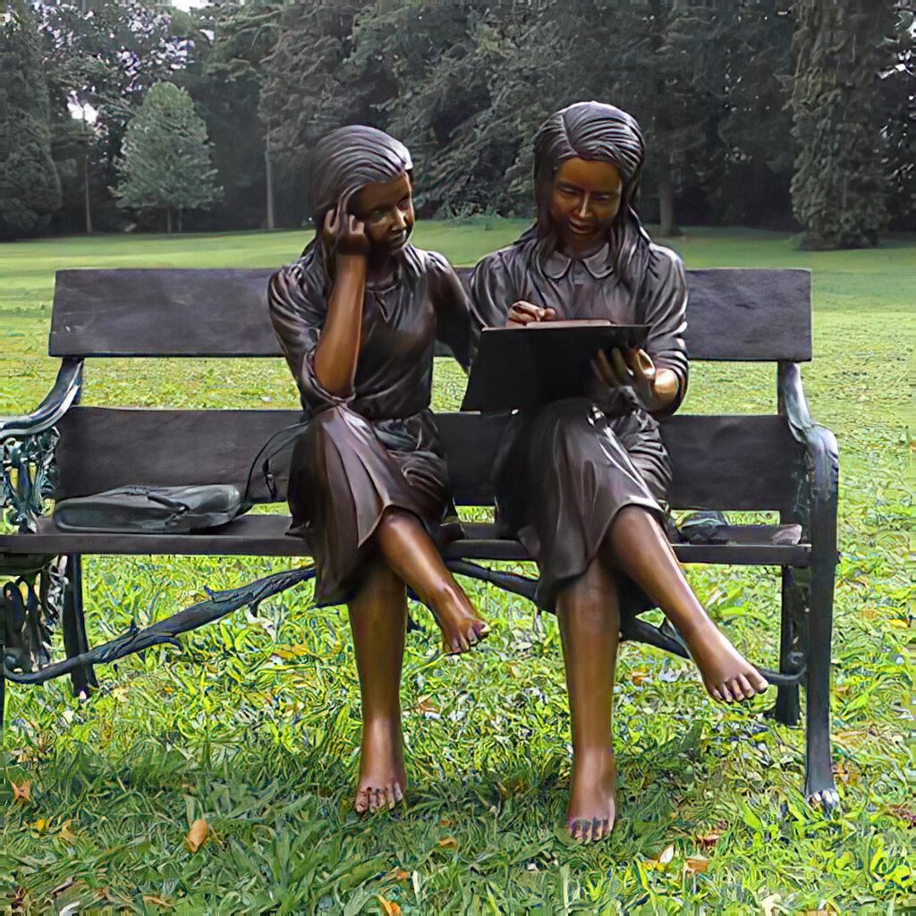  Bronze Gartenstatue Lesende Mädchen Auf Bank