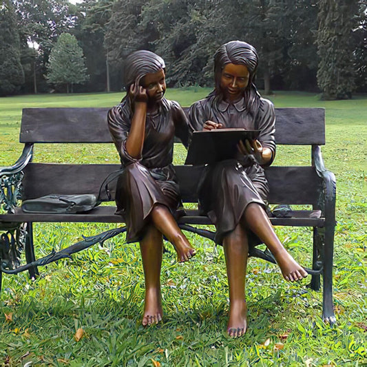  Bronze Gartenstatue Lesende Mädchen Auf Bank