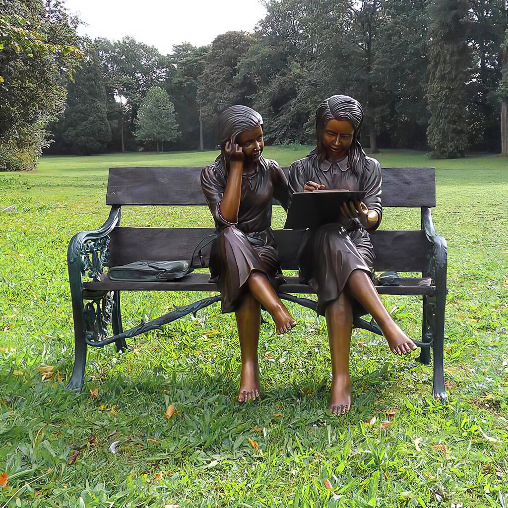  Bronze Gartenstatue Lesende Mädchen Auf Bank