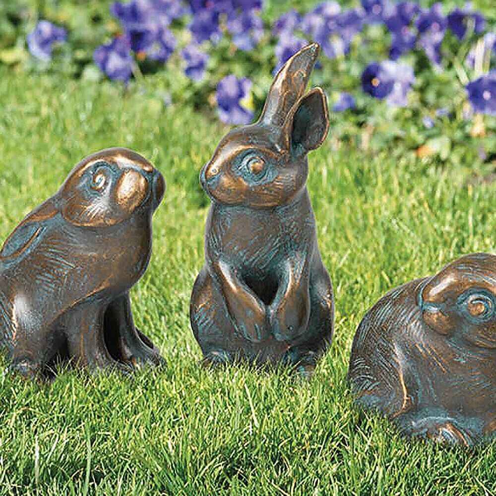  Bronze Kaninchenfiguren 3er Set - Wetterfest - Kaninchen Set