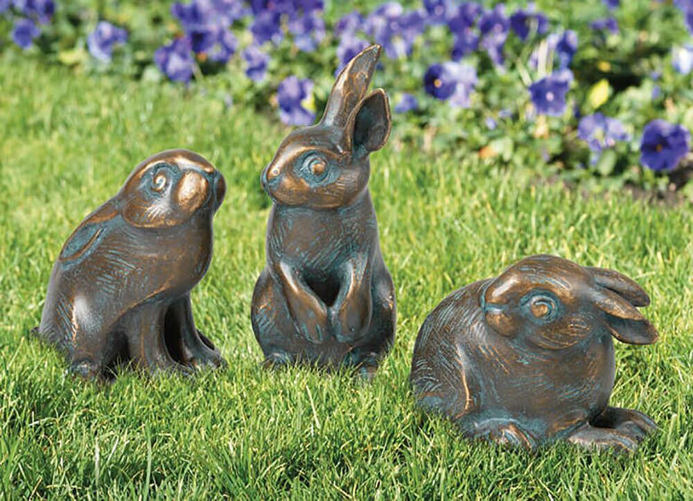  Bronze Kaninchenfiguren 3er Set - Wetterfest - Kaninchen Set