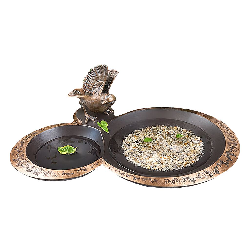  Bronze Vogeltränke Aus 2 Schalen Mit Spatz Figur - Vogelbad Spatz
