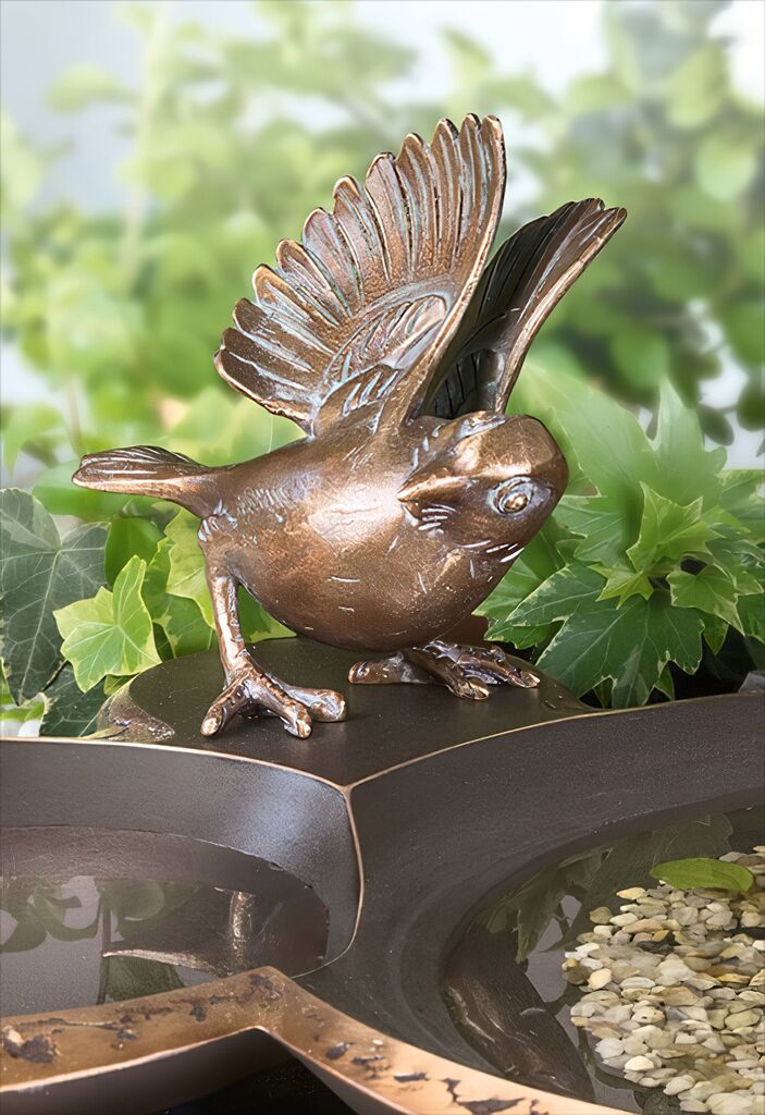  Bronze Vogeltränke Aus 2 Schalen Mit Spatz Figur - Vogelbad Spatz