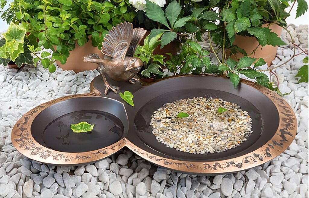  Bronze Vogeltränke Aus 2 Schalen Mit Spatz Figur - Vogelbad Spatz