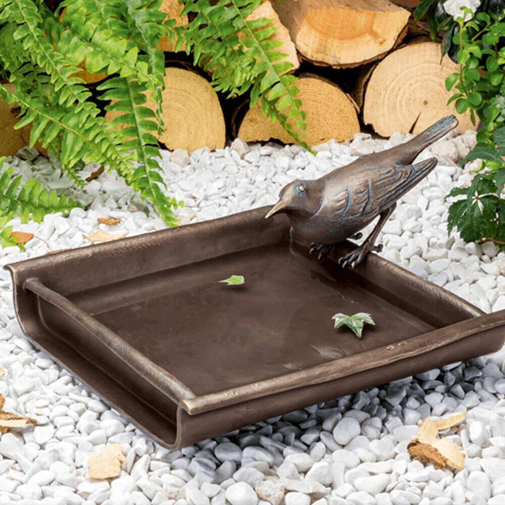  Bronze Vogeltränke Eckig Mit Vogelfigur Amsel - Vogelbad Amsel