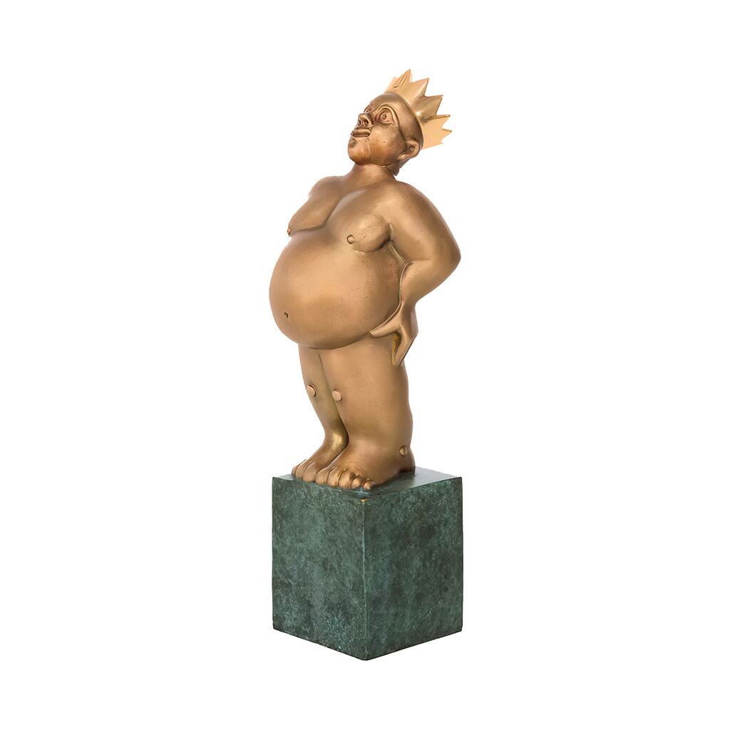  Bronzeskulptur Mit Sockel - König Mit Krone Und Bauch - König/Visionär