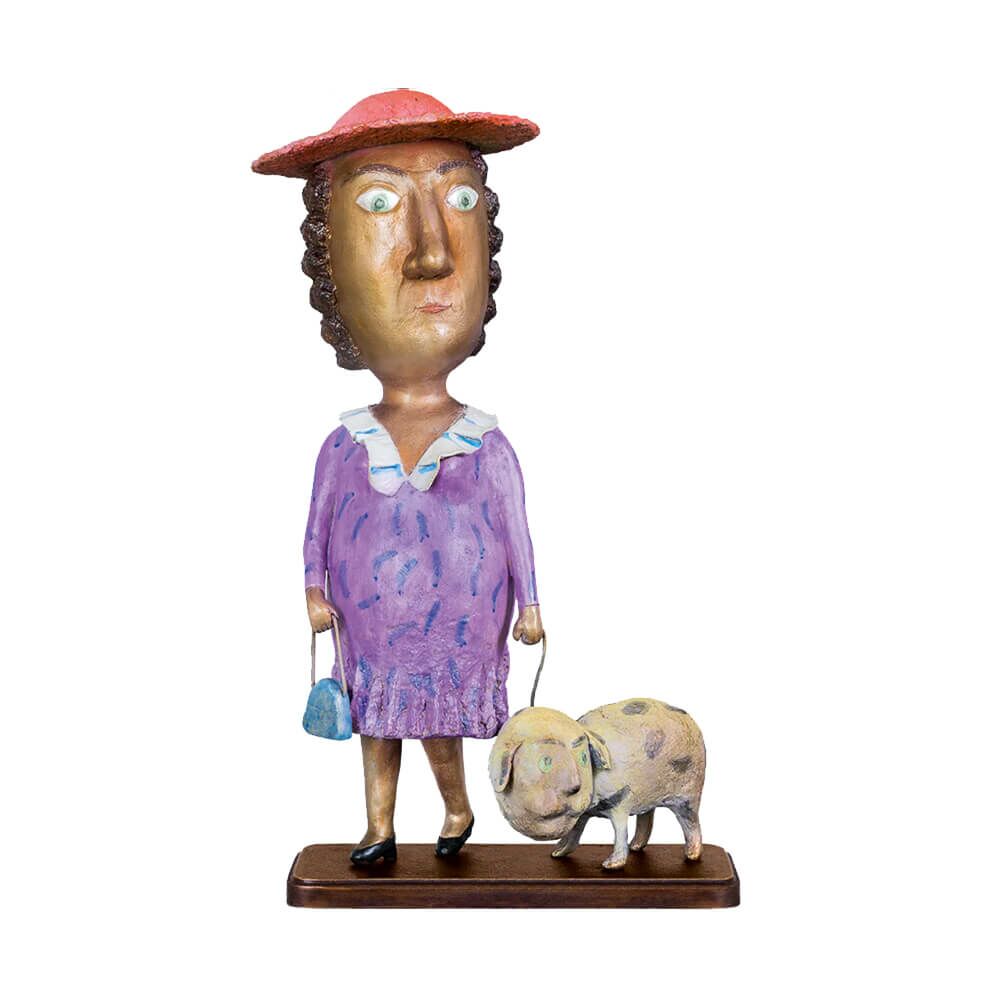  Dame Mit Hund - Bunte Bronzeskulptur Vom Künstler - Lady With A Dog