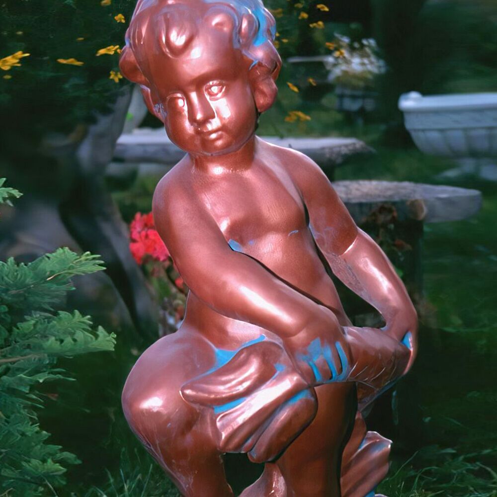  Dekorative Steinguss Wasserspeier Figur - Putte Mit Fisch - Ismene