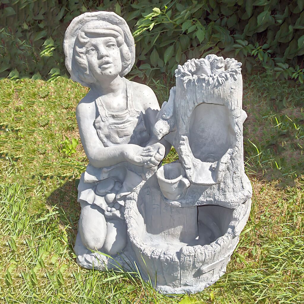  Dekorativer Gartenbrunnen Aus Steinguss Mit Pumpe - Mädchen Füttert Vögel - Matilde