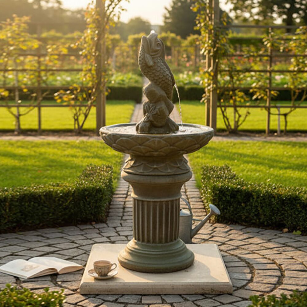  Dekorativer Steinguss Gartenbrunnen Auf Säule Mit Wasserspeier Fischskulptur - Cesare