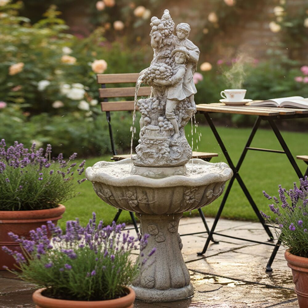 Dekorativer Steinguss Gartenbrunnen Mit Junge Und Mädchen Bei Der Weinernte - Tarcisio