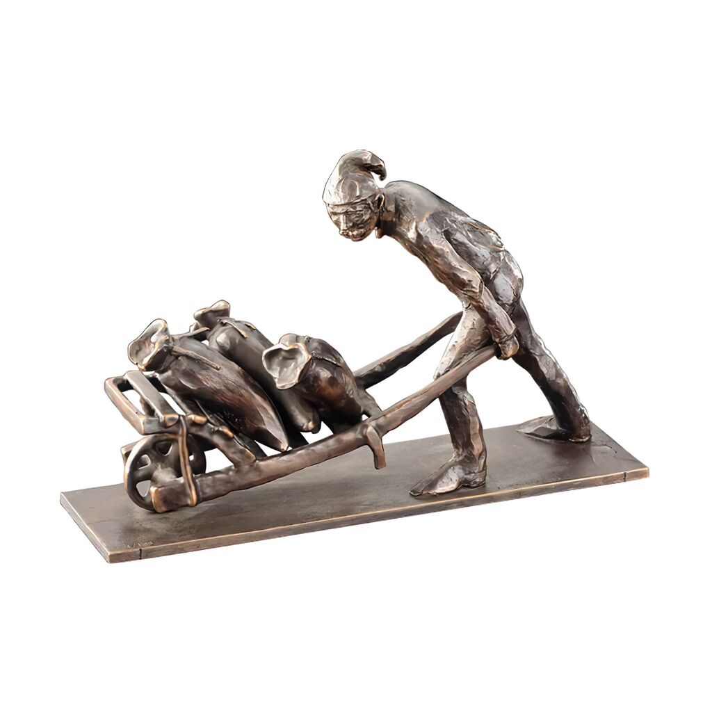  Designer Bronzeskulptur Bauer Mit Sackkarre - Müller Mit Schubkarre
