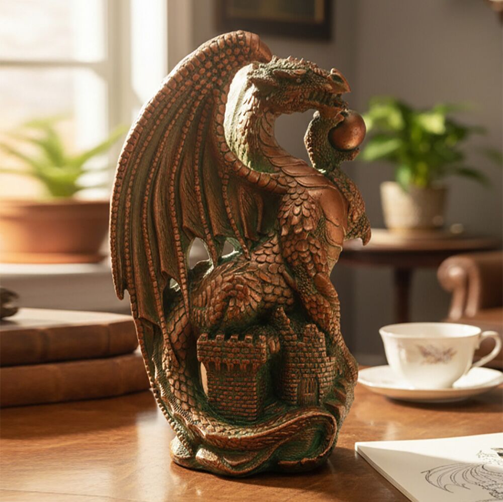  Detailreiche Dekofigur Aus Steinguss Für Den Garten - Drache Auf Burg - Tiziano