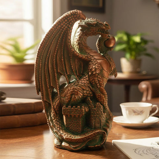  Detailreiche Dekofigur Aus Steinguss Für Den Garten - Drache Auf Burg - Tiziano