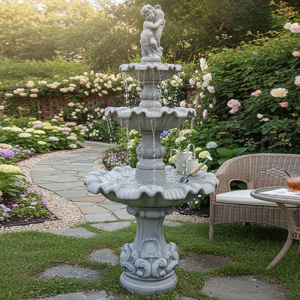 Dreistufiger Kaskaden Brunnen Für Den Garten Aus Steinguss - Junge Mit Fisch Figur - Marino