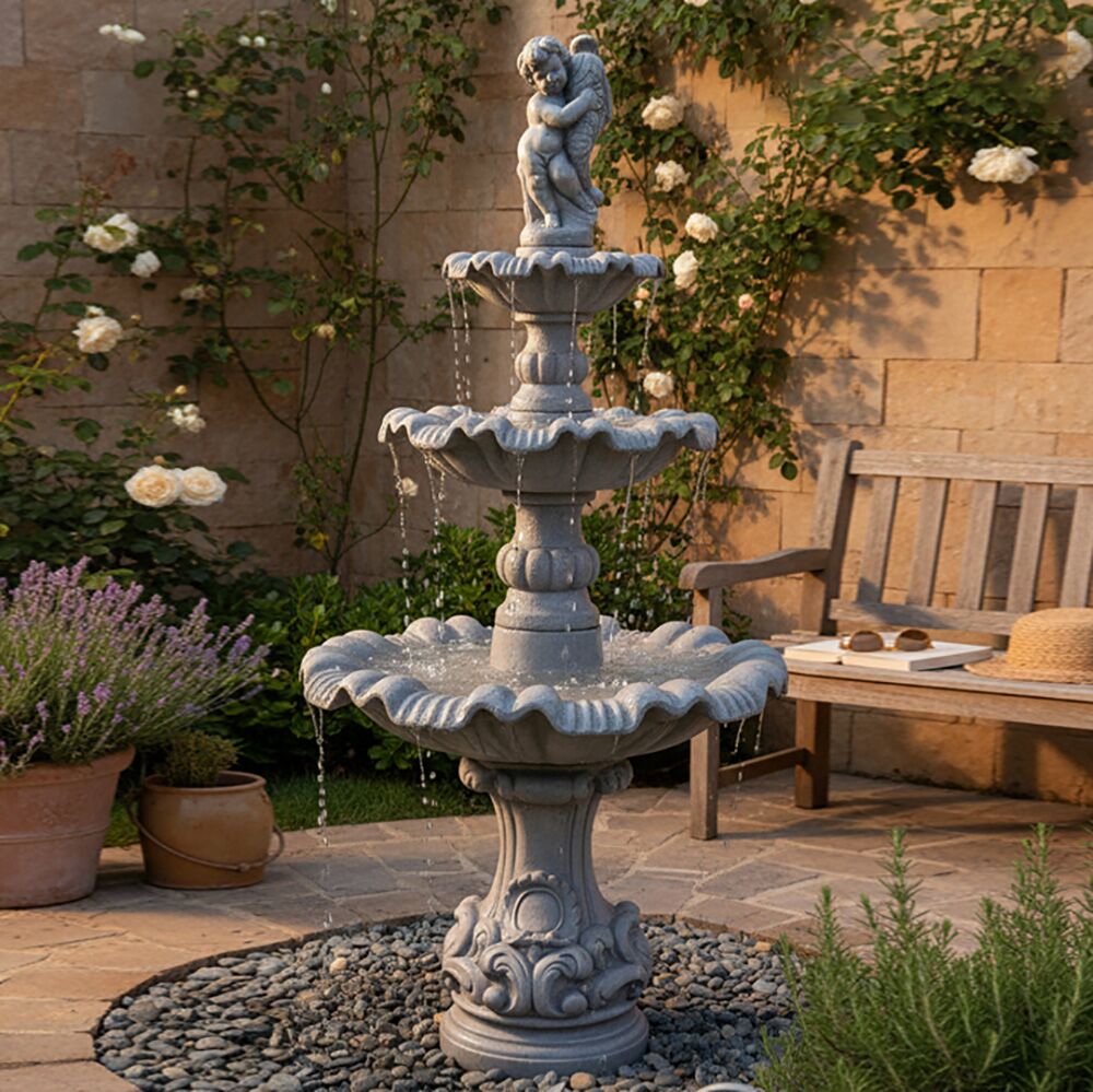  Dreistufiger Kaskaden Brunnen Für Den Garten Aus Steinguss - Junge Mit Fisch Figur - Marino