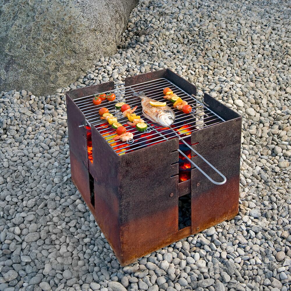  Eckiger Feuerkorb Aus Stahl Mit Grillrost - Modern - Pontos