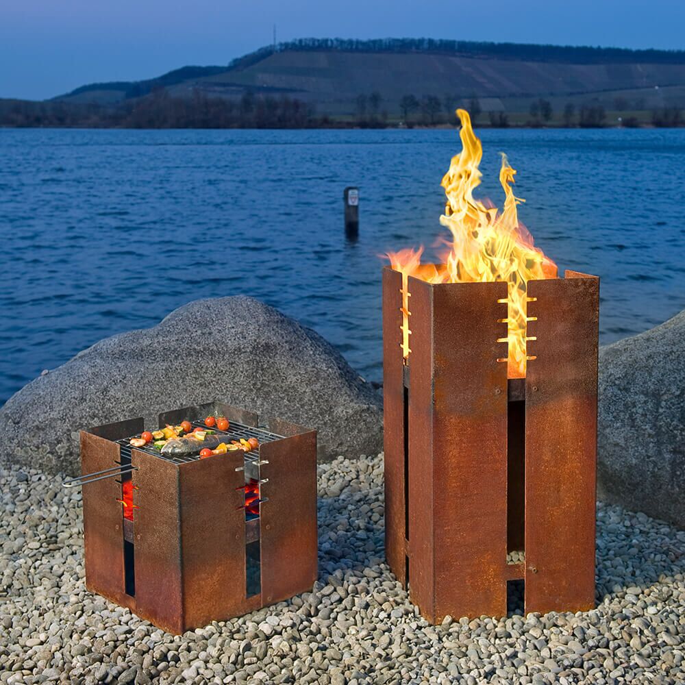  Eckiger Feuerkorb Aus Stahl Mit Grillrost - Modern - Pontos