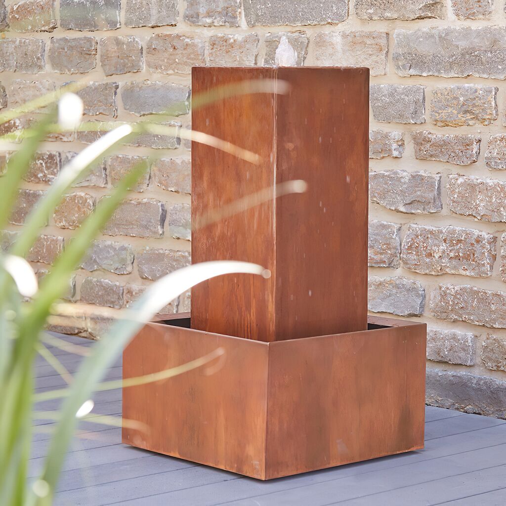  Eckiger Gartenbrunnen Aus Rost Metall - Mit LED & Pumpe - Mostoles