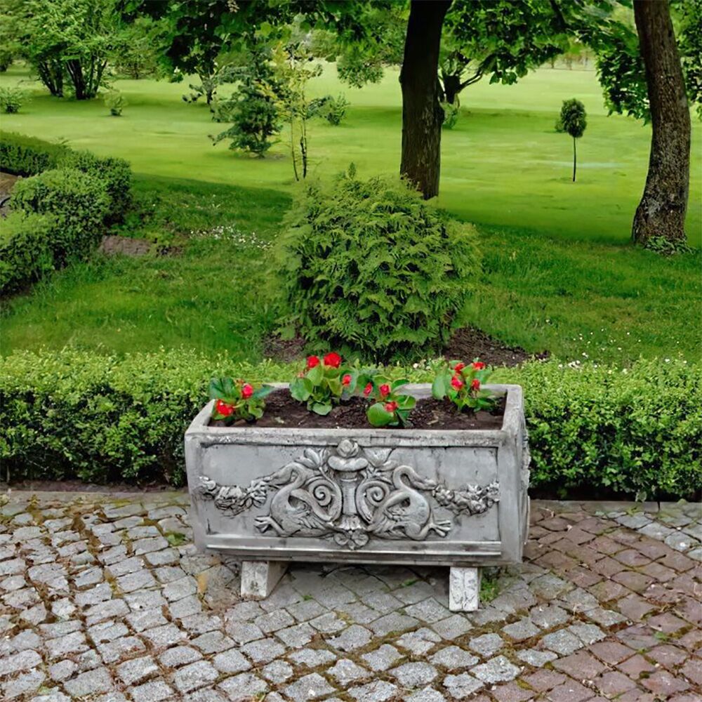  Eckiger Pflanztrog Aus Steinguss Mit Floralem Muster Und Schwänen - Fotia