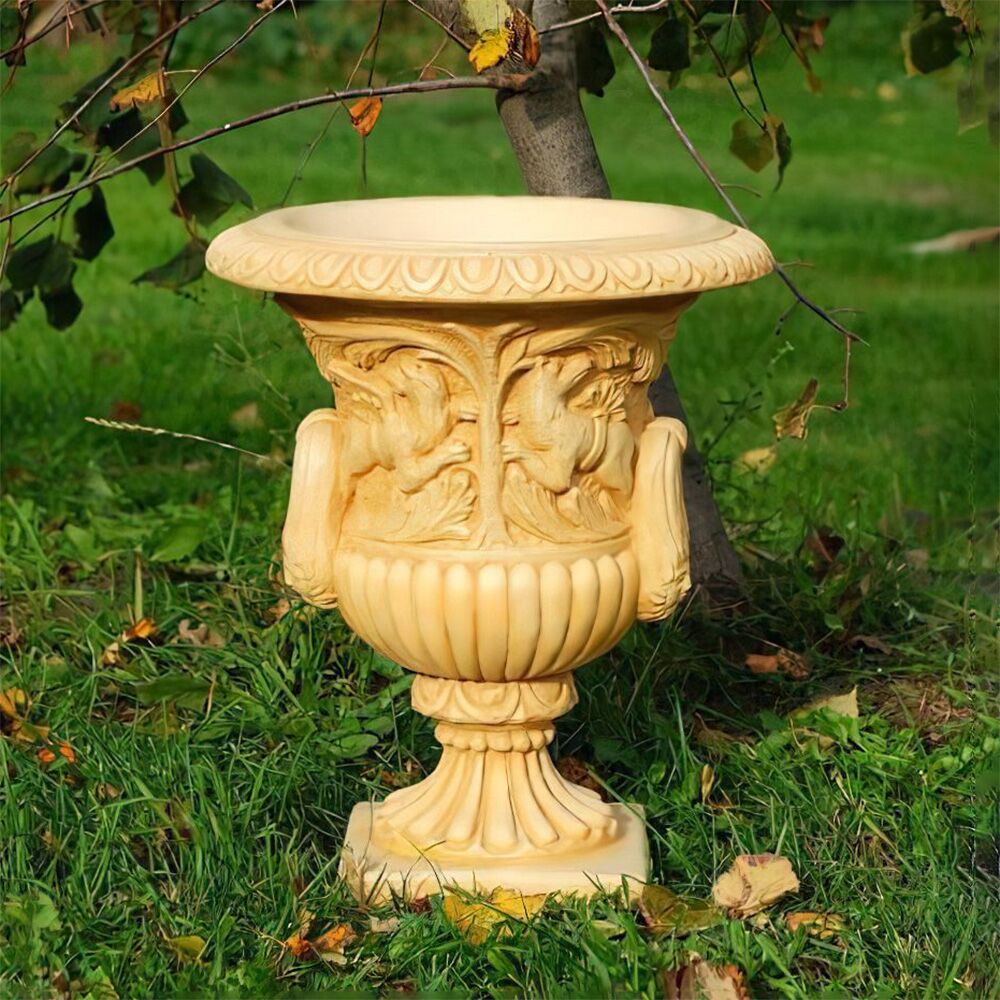  Eindrucksvolle Pflanzamphore Mit Tier Relief Aus Steinguss - Klea