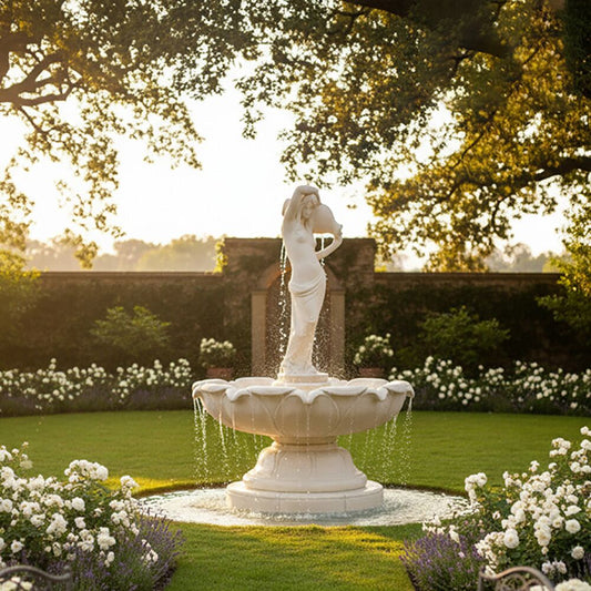  Eindrucksvoller Steinguss Brunnen Mit Wasserspeier Figur - Frau Mit Krug - Carmelia